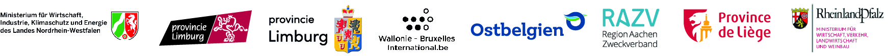 Logos des Ministeriums für Wirtschaft, Industrie, Klimaschutz und Energie des Landes Nordrhein-Westfalen, der Provinz Limburg (B), der Provinz Limburg (NL), der Föderation Wallonie-Brüssel, der Deutschsprachigen Gemeinschaft Belgiens, der Region Aachen Zweckverband, der Provinz Lüttich, des Ministeriums für Wirtschaft, Verkehr, Landwirtschaft und Weinbau Rheinland-Pfalz