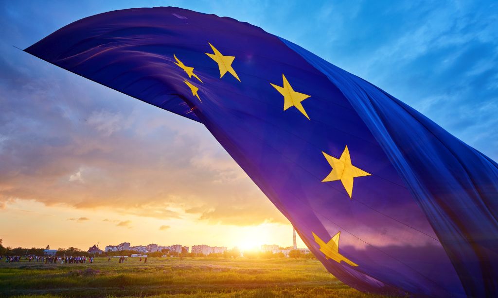 Eine wehende EU-Fahne auf einem Feld. Im Hintergrund sieht man Häuser und Menschen. 